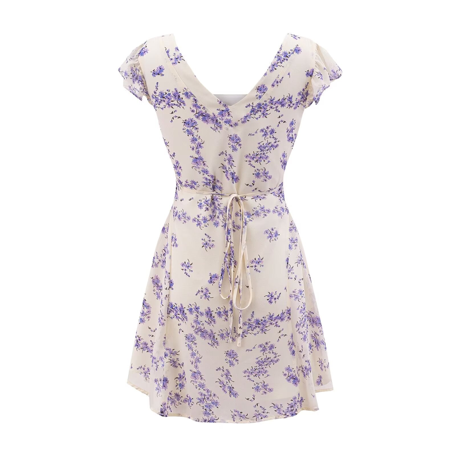 Early Spring Fresh White Background Floral Square Collar Short Sleeve Lace up Waist Controlled Dress
