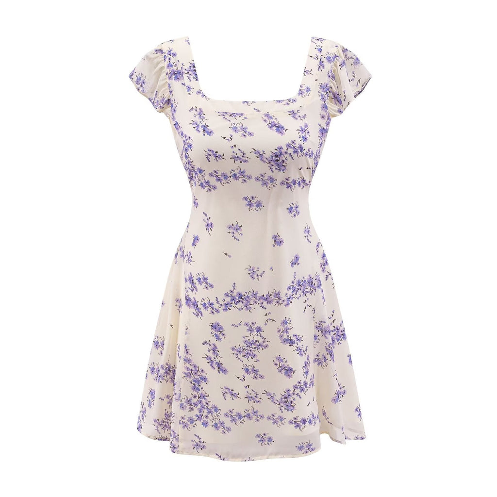 Early Spring Fresh White Background Floral Square Collar Short Sleeve Lace up Waist Controlled Dress