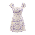 Early Spring Fresh White Background Floral Square Collar Short Sleeve Lace up Waist Controlled Dress