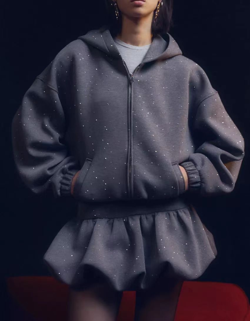 Women Clothing at Spring Concise Gray Flash Point Hooded Jacket with Skirt Two Piece Sets