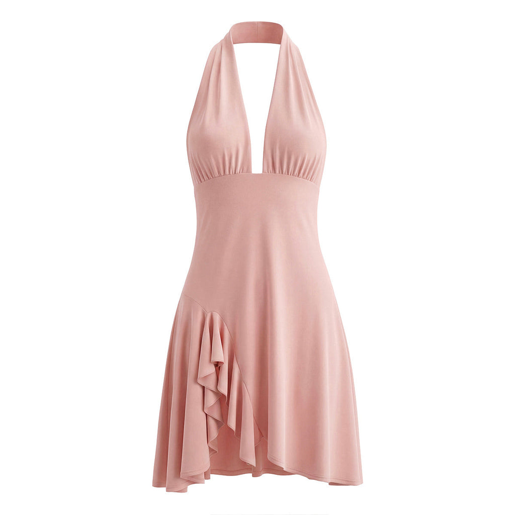 Women Summer Hem Irregular Asymmetric Backless Hanging Collar Dress