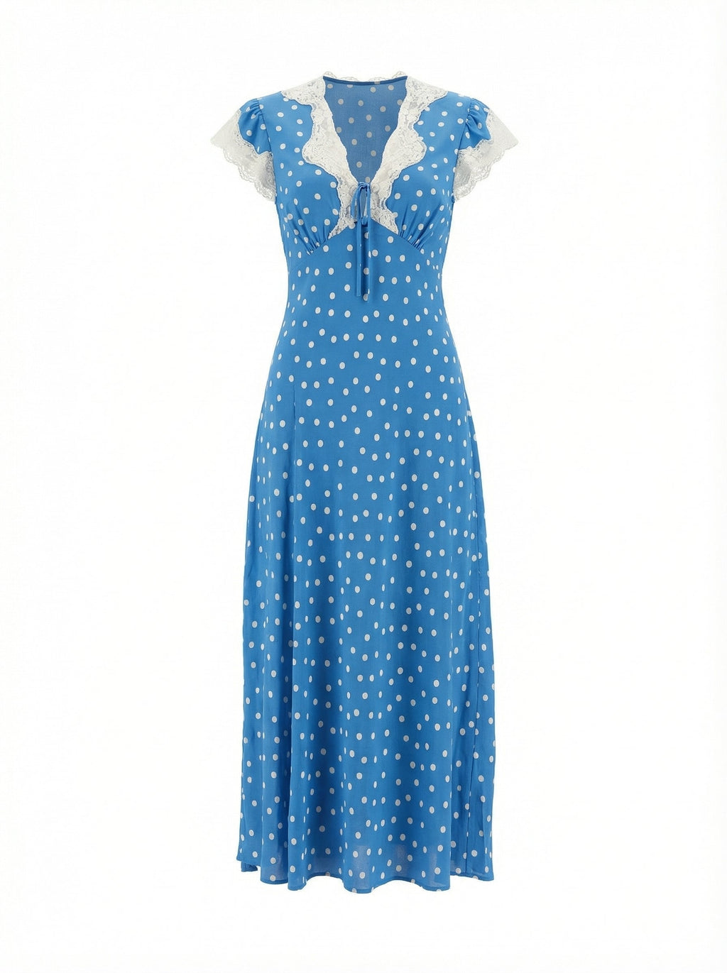 Autumn Women Elegant V Collar Polka Dot Lace Stitching Dress