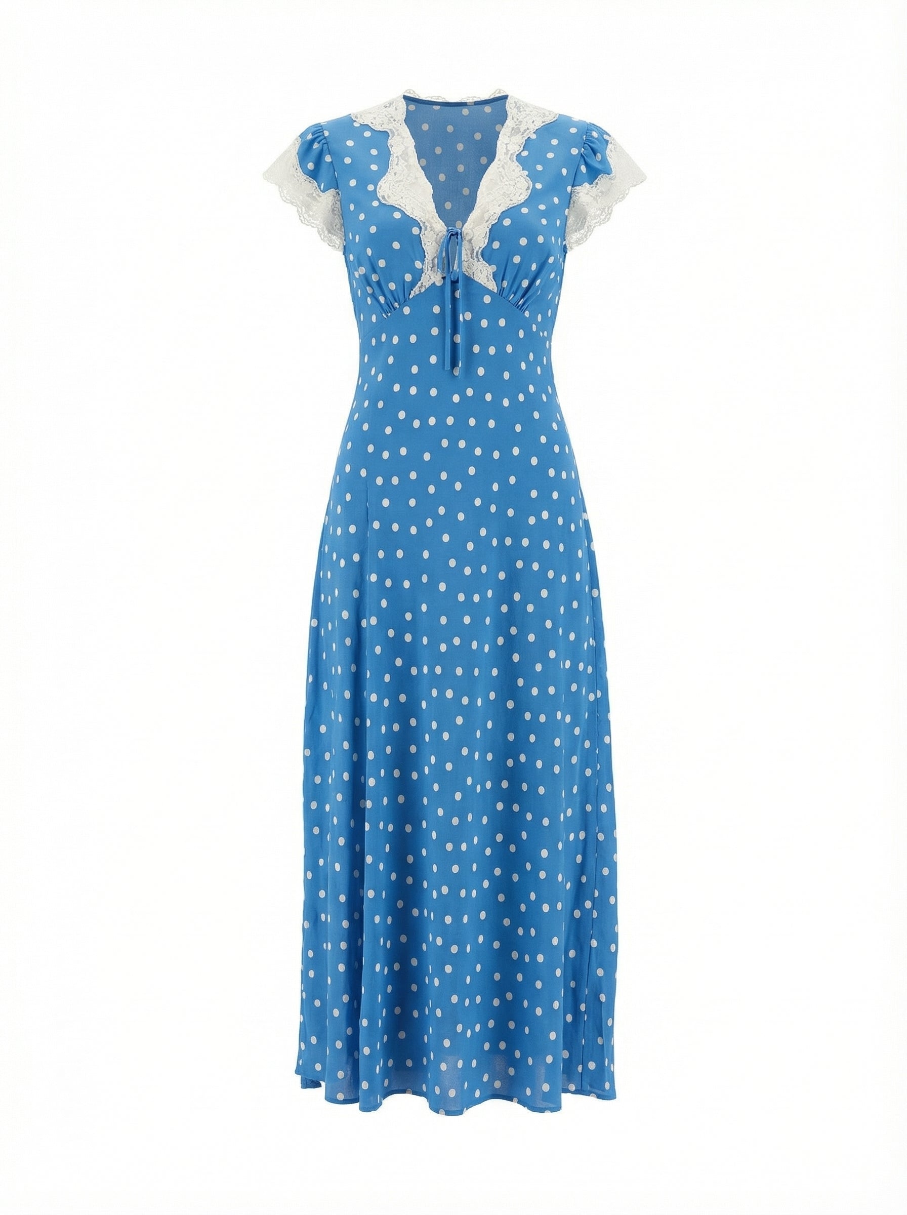 Autumn Women Elegant V Collar Polka Dot Lace Stitching Dress