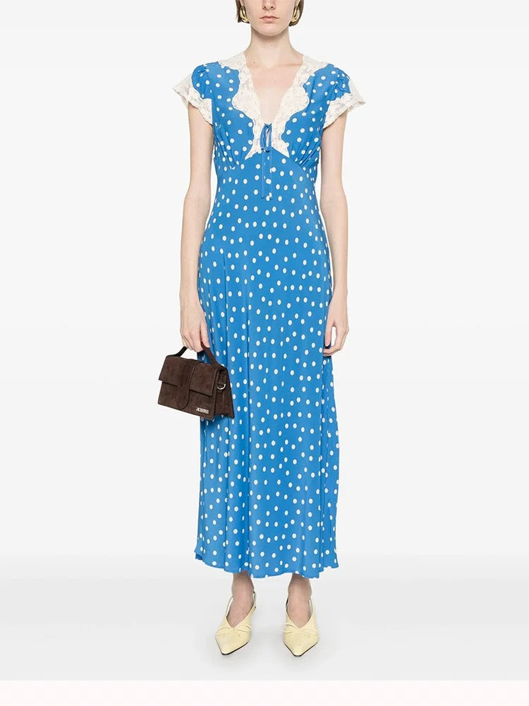 Autumn Women Elegant V Collar Polka Dot Lace Stitching Dress