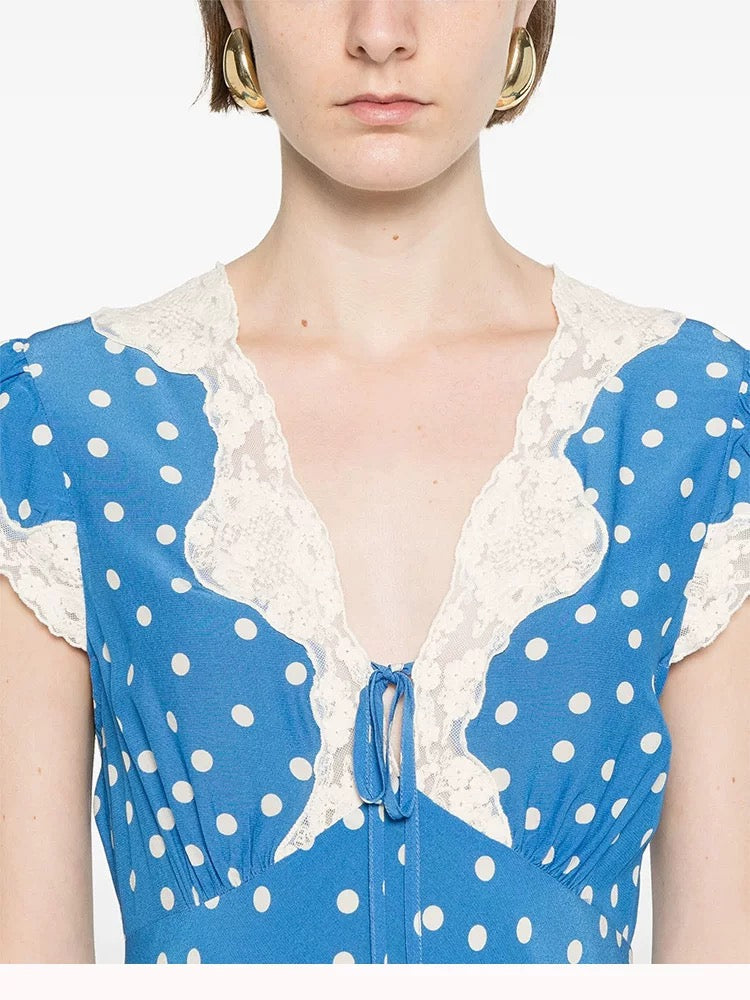 Autumn Women Elegant V Collar Polka Dot Lace Stitching Dress