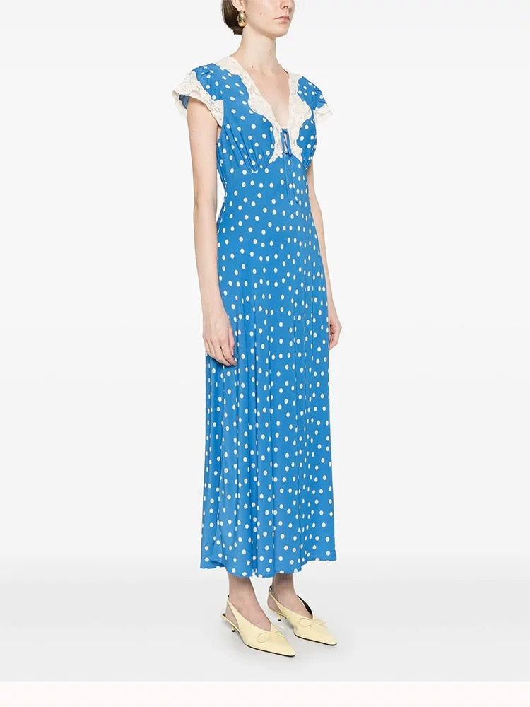 Autumn Women Elegant V Collar Polka Dot Lace Stitching Dress