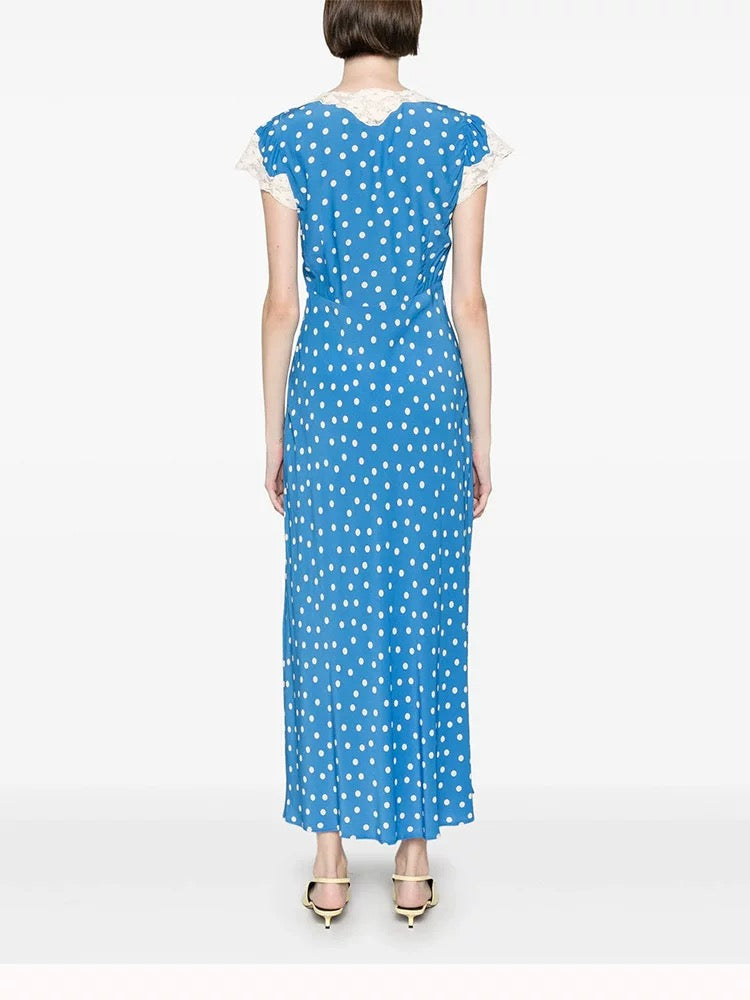 Autumn Women Elegant V Collar Polka Dot Lace Stitching Dress