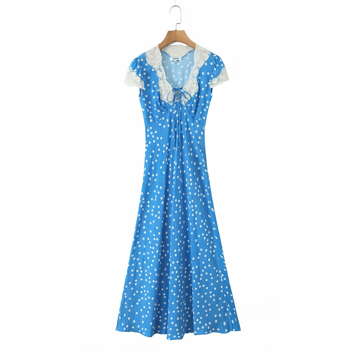 Autumn Women Elegant V Collar Polka Dot Lace Stitching Dress