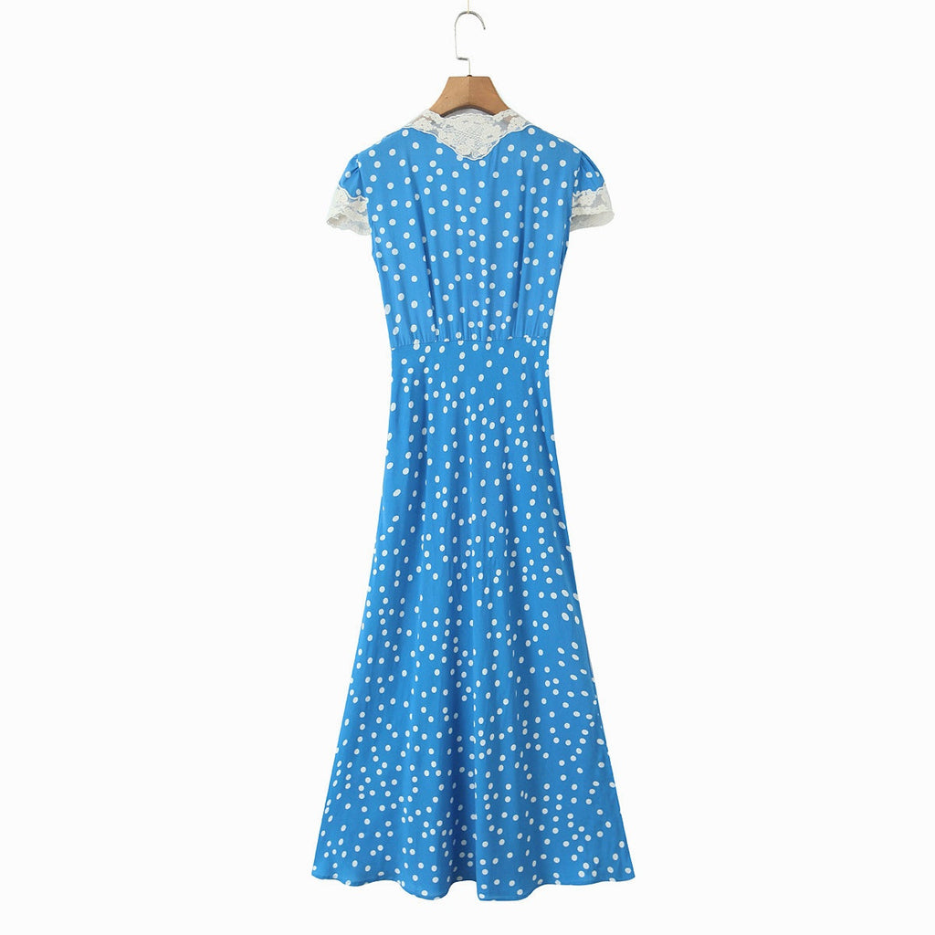 Autumn Women Elegant V Collar Polka Dot Lace Stitching Dress