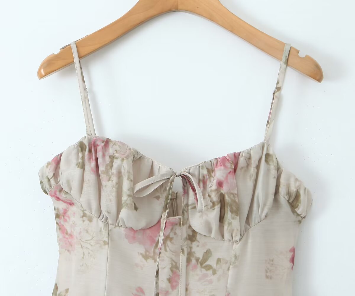 French Floral Strap Dress for Women Summer Sexy Holiday Slim Fit Slimming Cinched Short Dress