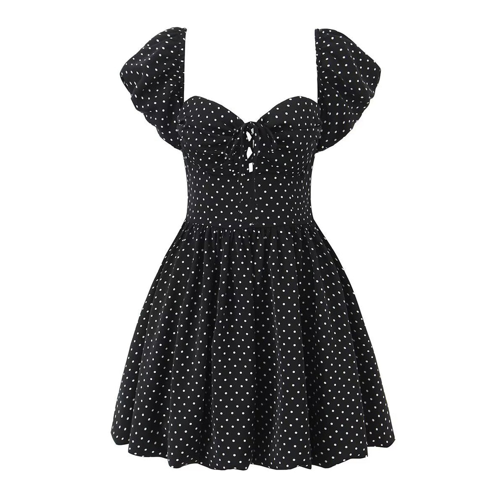 French Flying Sleeve Polka Dot Dress Women Retro Sexy off Shoulder Tube Top Lace up Waist A line Skirt