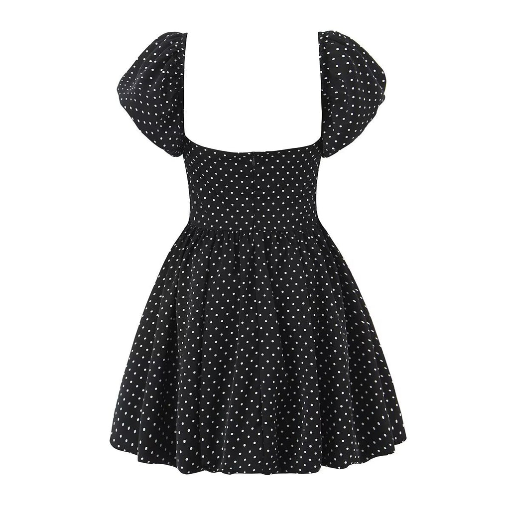 French Flying Sleeve Polka Dot Dress Women Retro Sexy off Shoulder Tube Top Lace up Waist A line Skirt