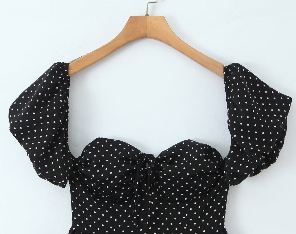 French Flying Sleeve Polka Dot Dress Women Retro Sexy off Shoulder Tube Top Lace up Waist A line Skirt