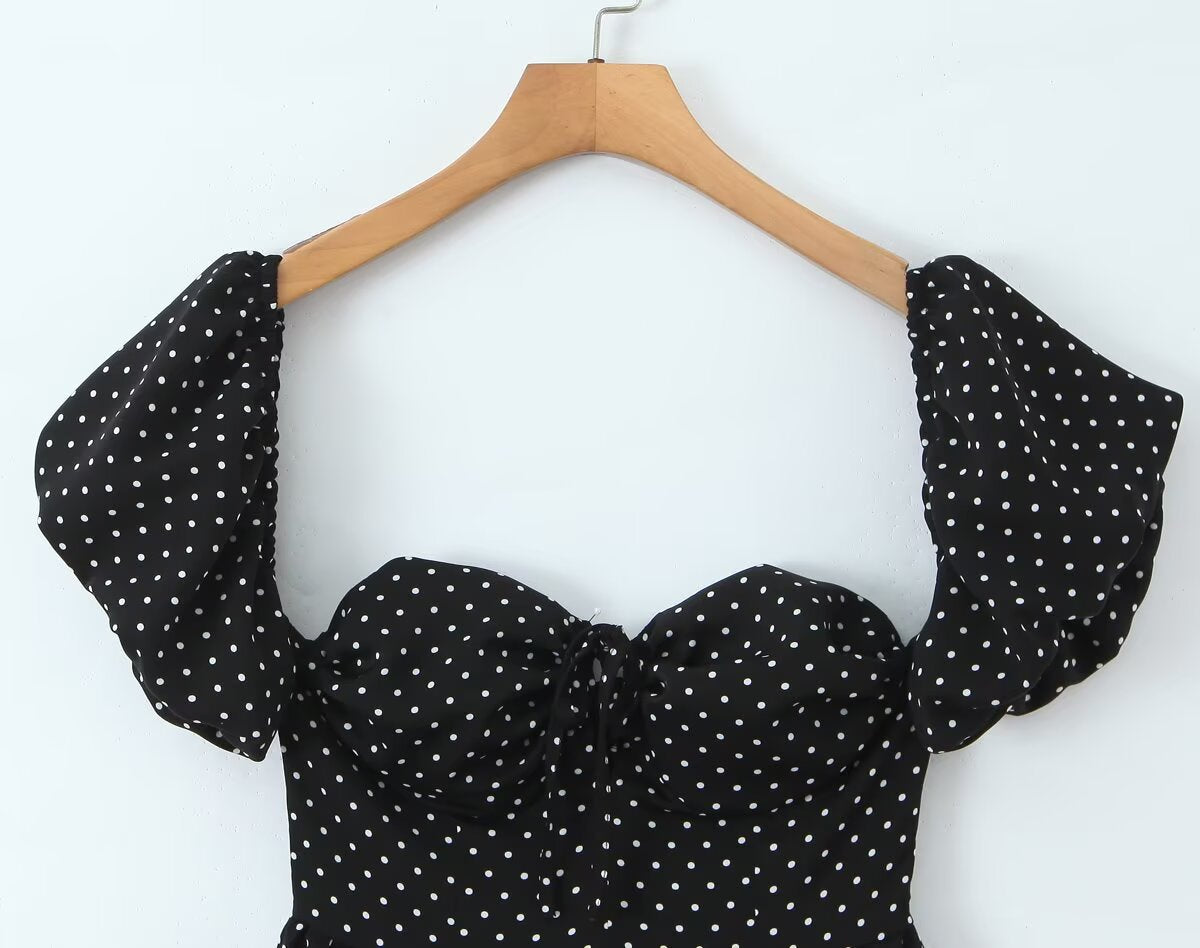 French Flying Sleeve Polka Dot Dress Women Retro Sexy off Shoulder Tube Top Lace up Waist A line Skirt