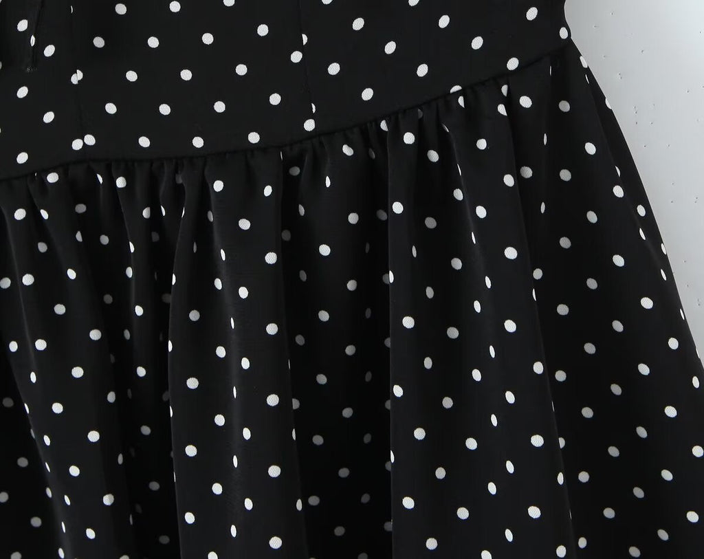 French Flying Sleeve Polka Dot Dress Women Retro Sexy off Shoulder Tube Top Lace up Waist A line Skirt