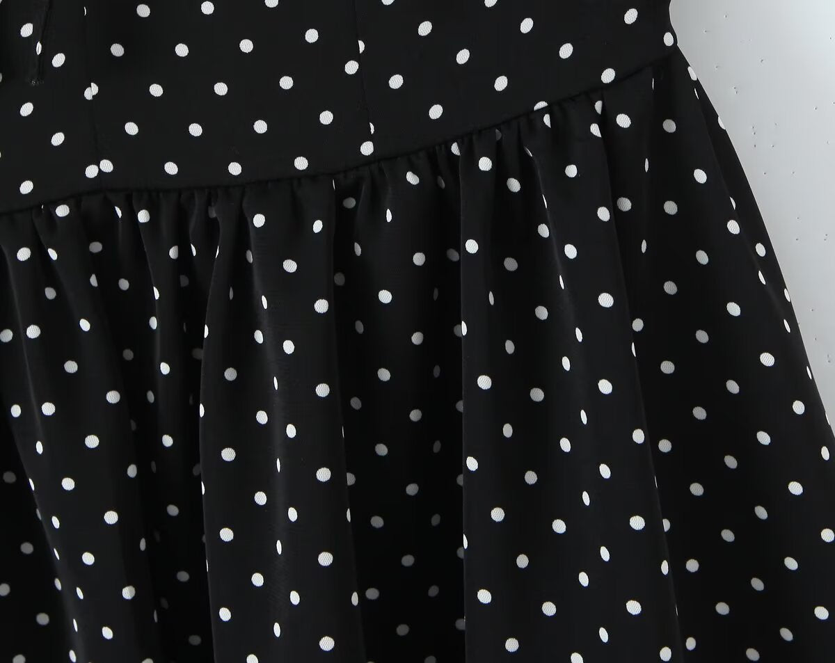 French Flying Sleeve Polka Dot Dress Women Retro Sexy off Shoulder Tube Top Lace up Waist A line Skirt