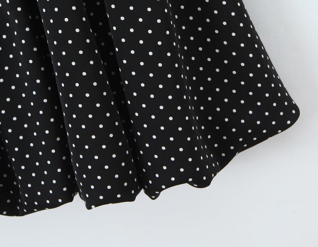 French Flying Sleeve Polka Dot Dress Women Retro Sexy off Shoulder Tube Top Lace up Waist A line Skirt