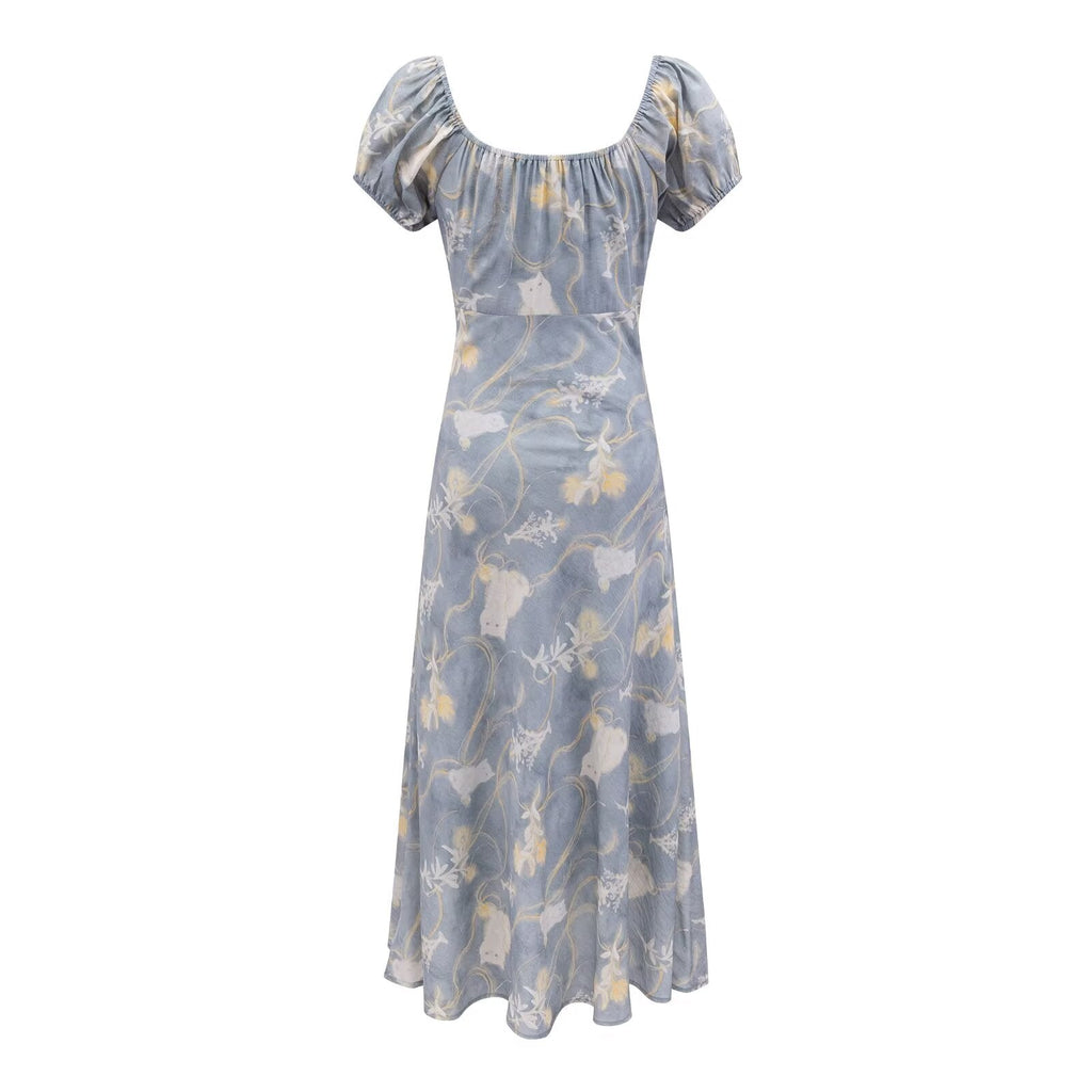 Early Spring Holiday Casual Cool Square Collar Puff Sleeve Printed Waist Controlled Dress