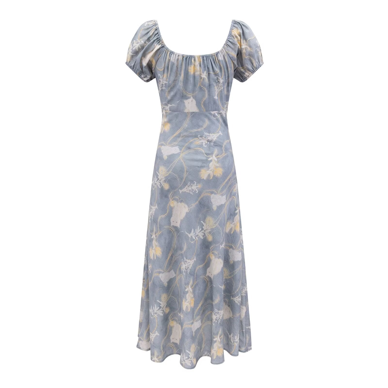 Early Spring Holiday Casual Cool Square Collar Puff Sleeve Printed Waist Controlled Dress