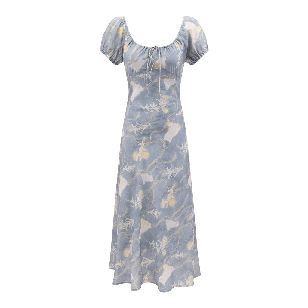 Early Spring Holiday Casual Cool Square Collar Puff Sleeve Printed Waist Controlled Dress
