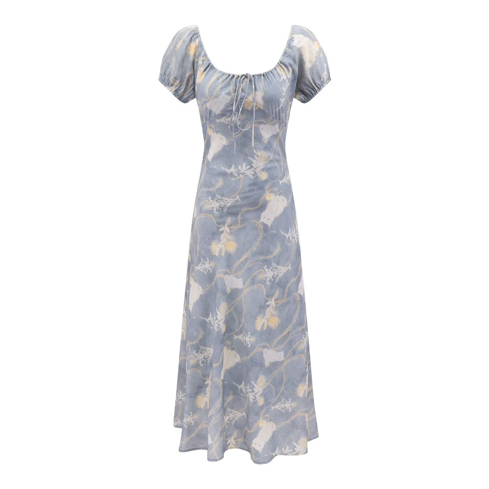 Early Spring Holiday Casual Cool Square Collar Puff Sleeve Printed Waist Controlled Dress