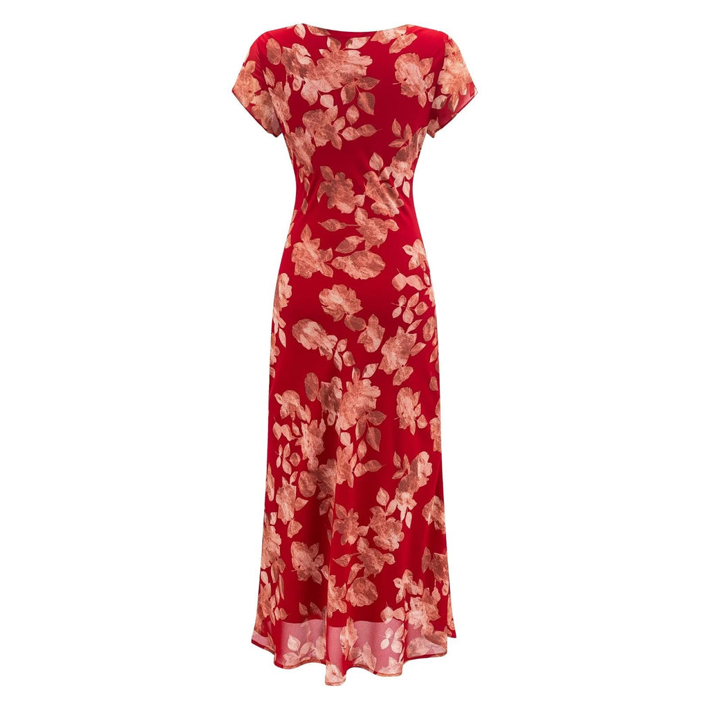 Early Spring Red Bottom Printed Drawstring V neck Short Sleeve Holiday Casual Dress