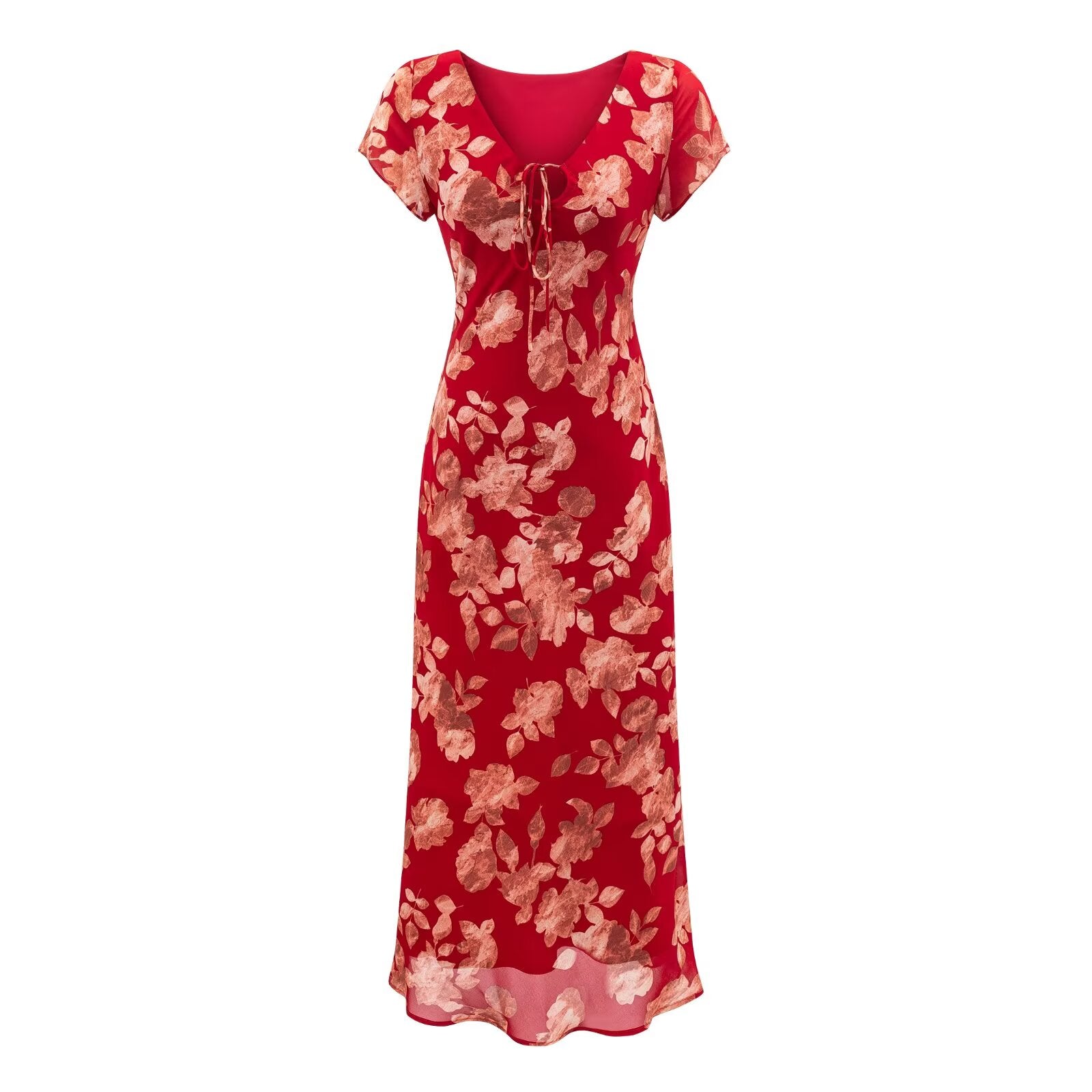 Early Spring Red Bottom Printed Drawstring V neck Short Sleeve Holiday Casual Dress