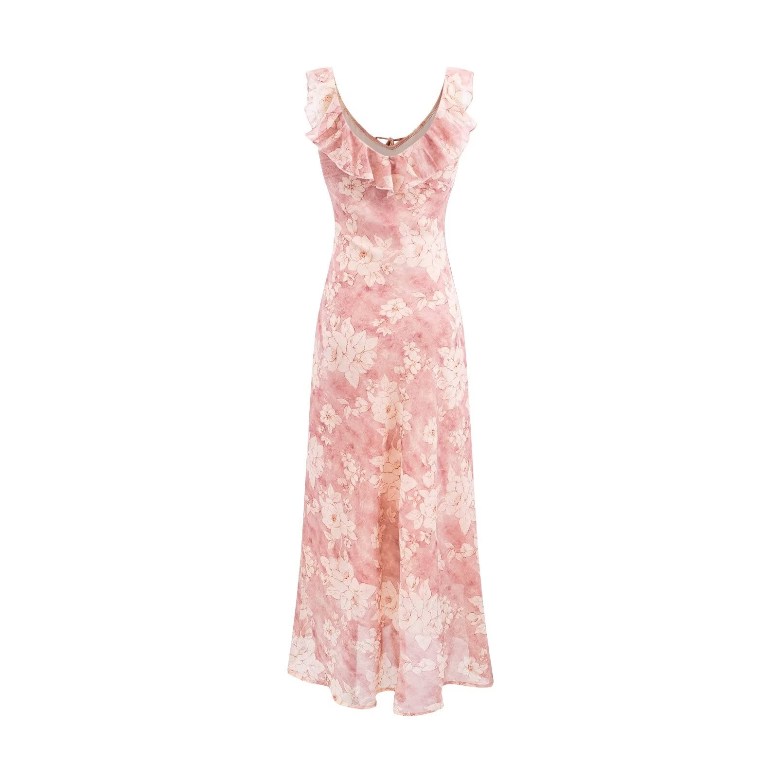 Vintage Ruffled Drawstring Patchwork Slip Dress Pink Rose Sheath Fishtail Midi Dress