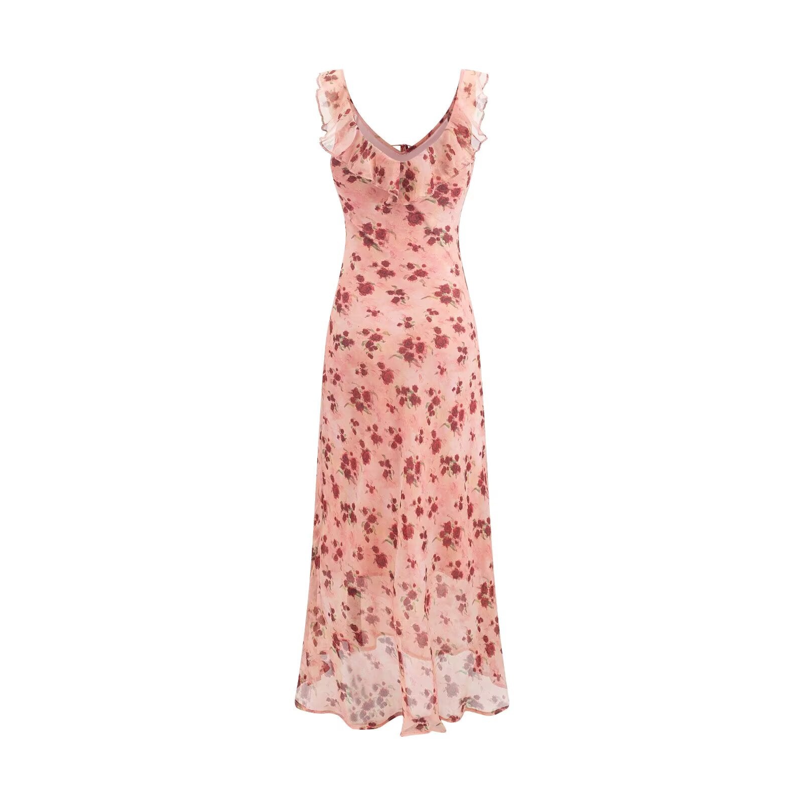 Vintage Ruffled Drawstring Patchwork Slip Dress Pink Rose Sheath Fishtail Midi Dress