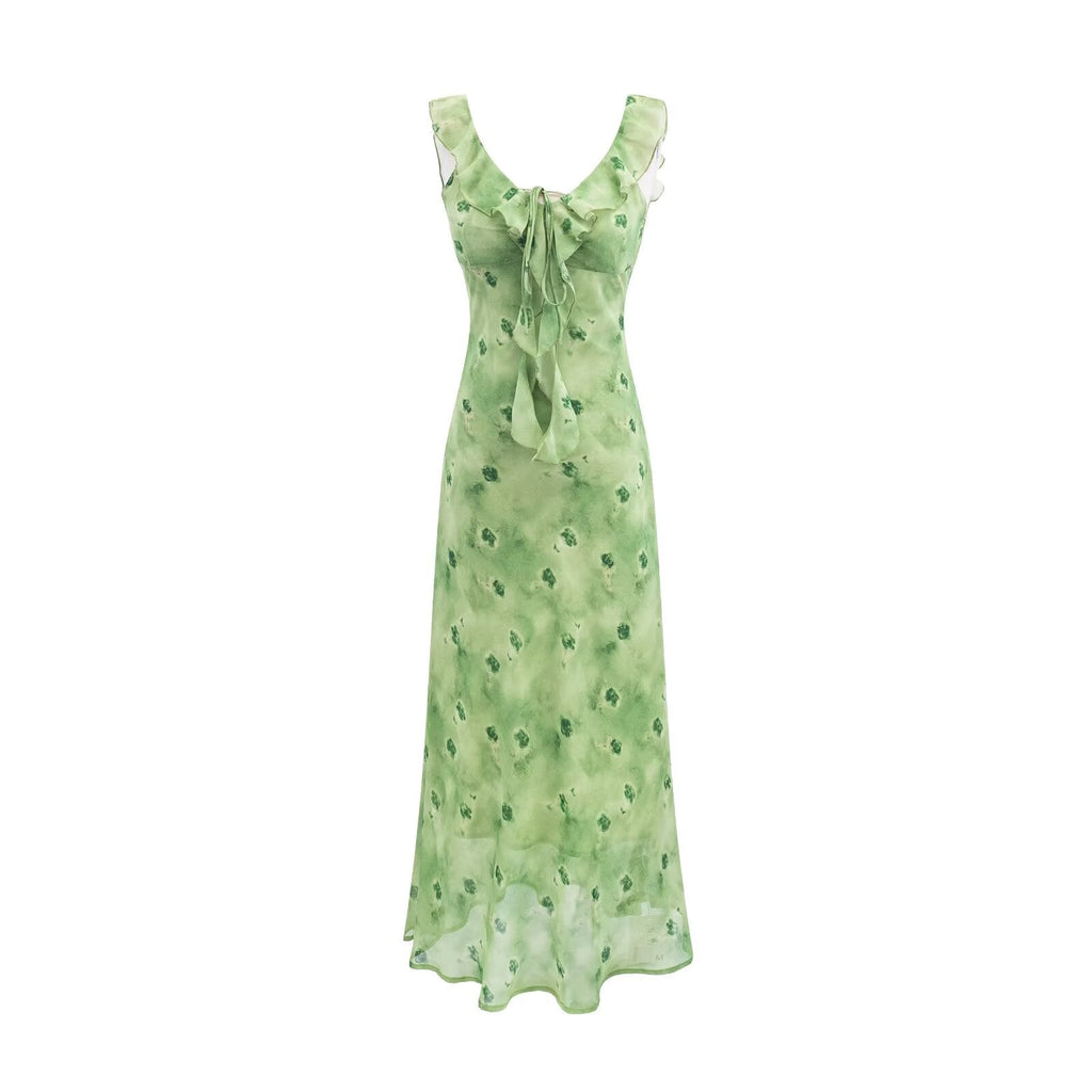 Vintage Ruffled Drawstring Patchwork Slip Dress Pink Rose Sheath Fishtail Midi Dress