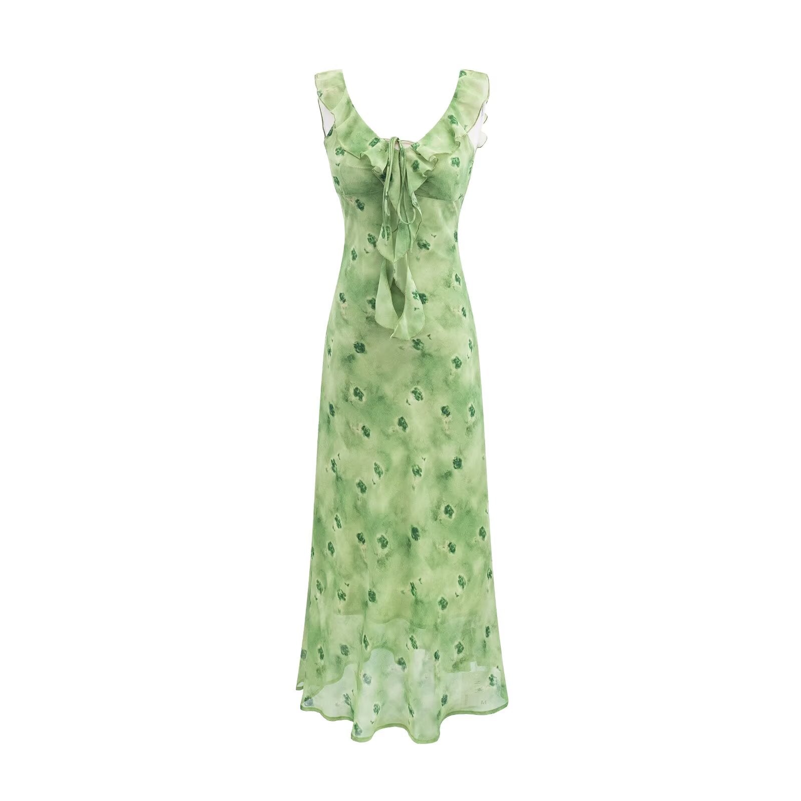 Vintage Ruffled Drawstring Patchwork Slip Dress Pink Rose Sheath Fishtail Midi Dress