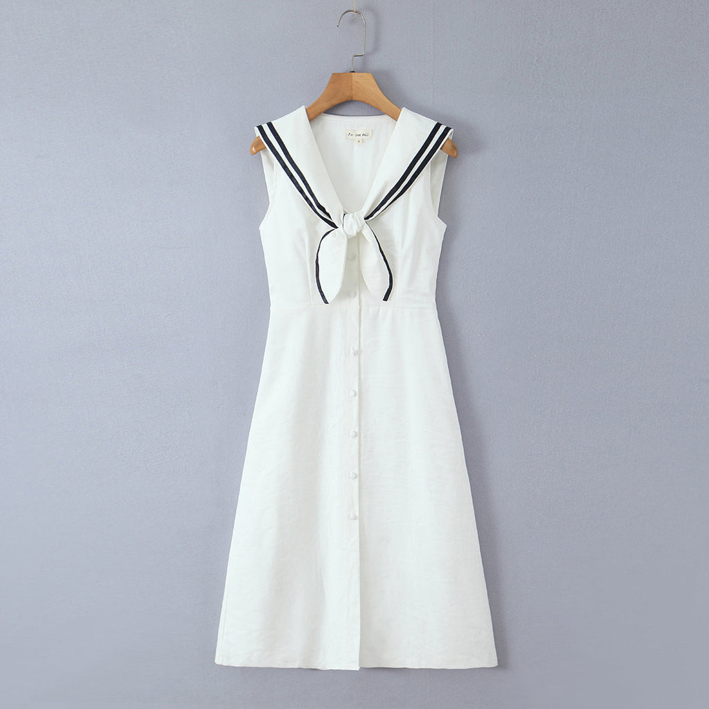 Elegant Sailor Collar Sailor Collar Single Breasted White Long Dress