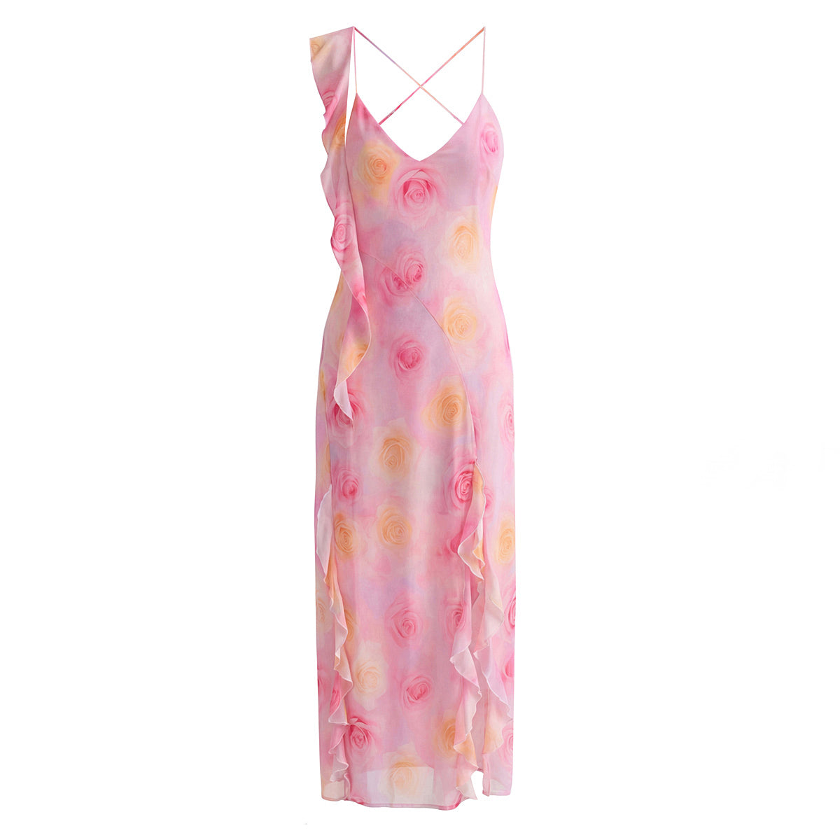 Women Clothing Spring Vacation Romantic Ruffled Irregular Asymmetric Backless Mop Dress