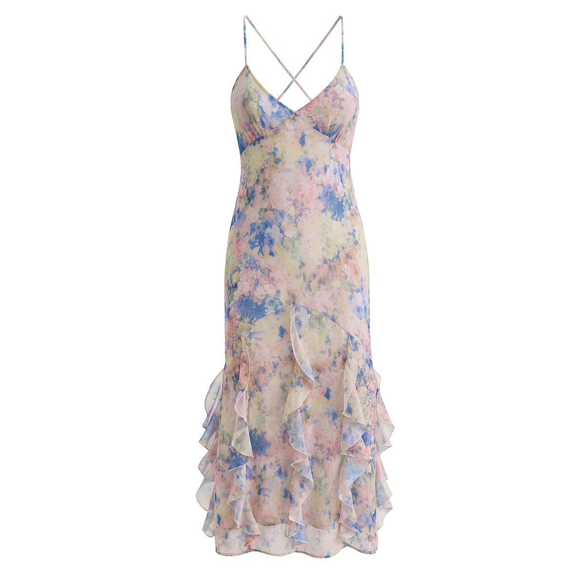 Summer Beautiful Dress Seaside Photograph Atmosphere Vacation Sweet Printed Ruffled Backless Cami Dress