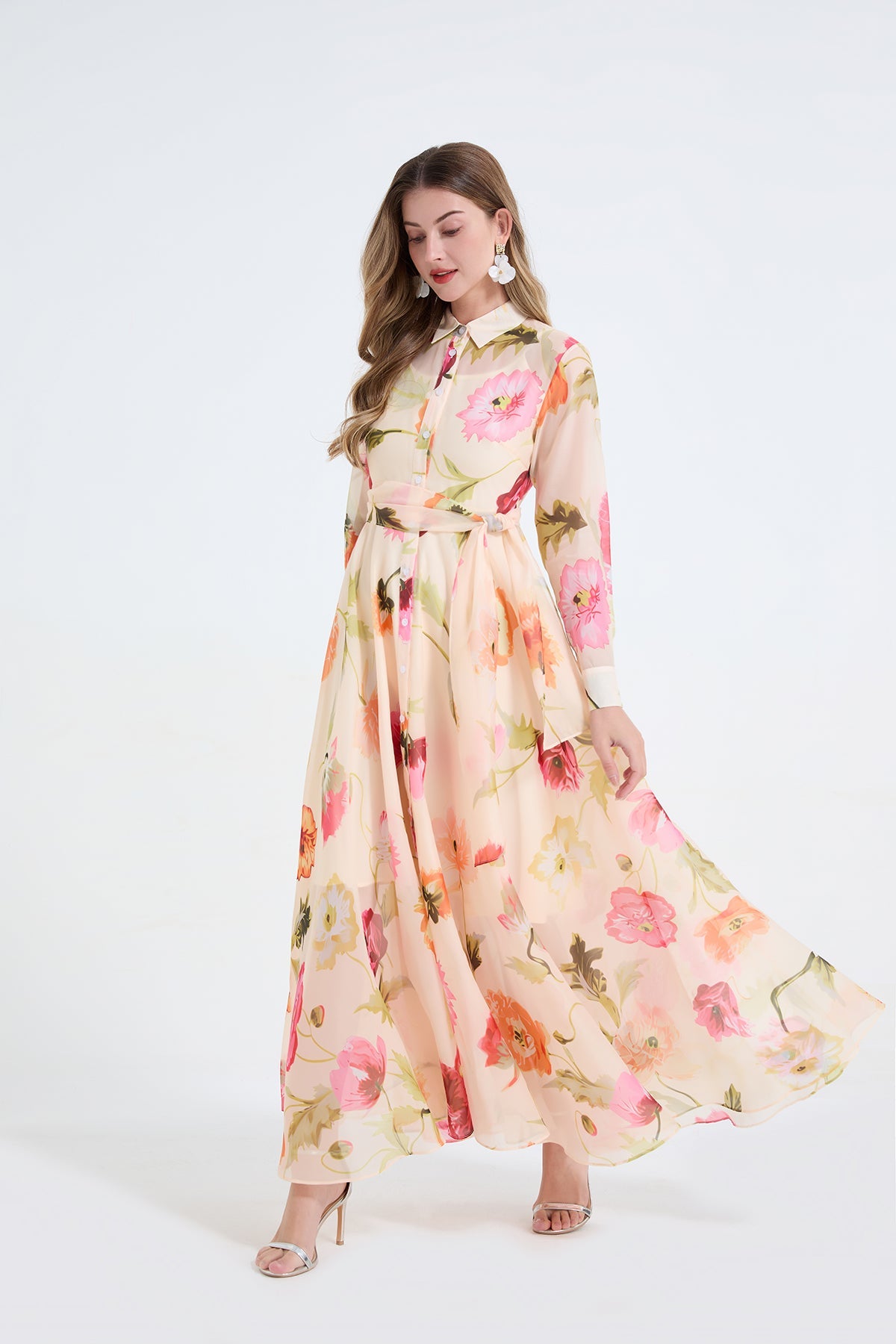 Women Printed Shirt Long Sleeved High Waisted Dress