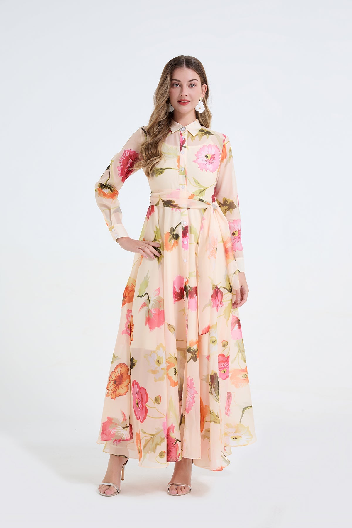 Women Printed Shirt Long Sleeved High Waisted Dress