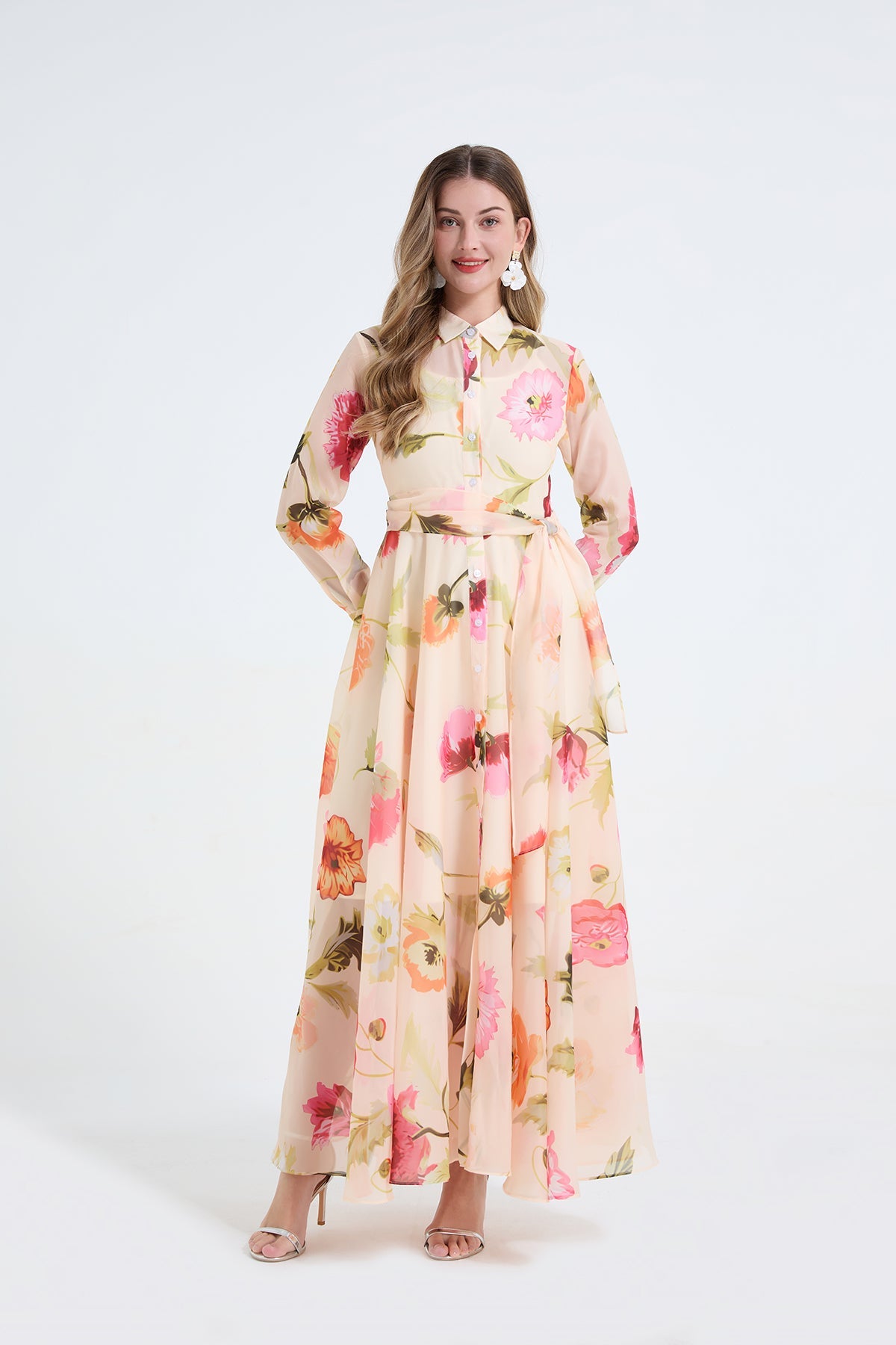 Women Printed Shirt Long Sleeved High Waisted Dress