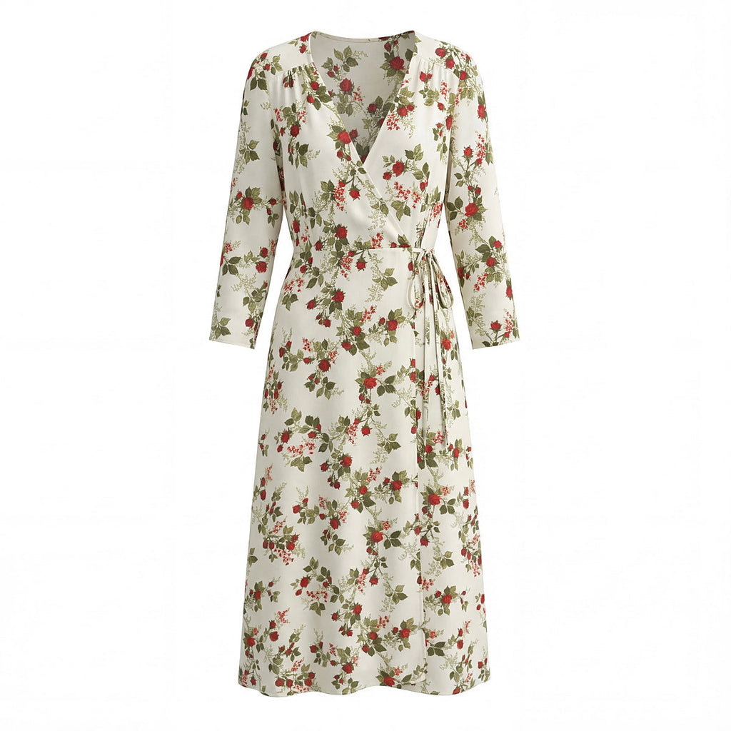 Women Clothing Idyllic Floral Tie Neck Waist Controlled Long Sleeves Stomach Blanket Dress