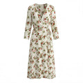 Women Clothing Idyllic Floral Tie Neck Waist Controlled Long Sleeves Stomach Blanket Dress