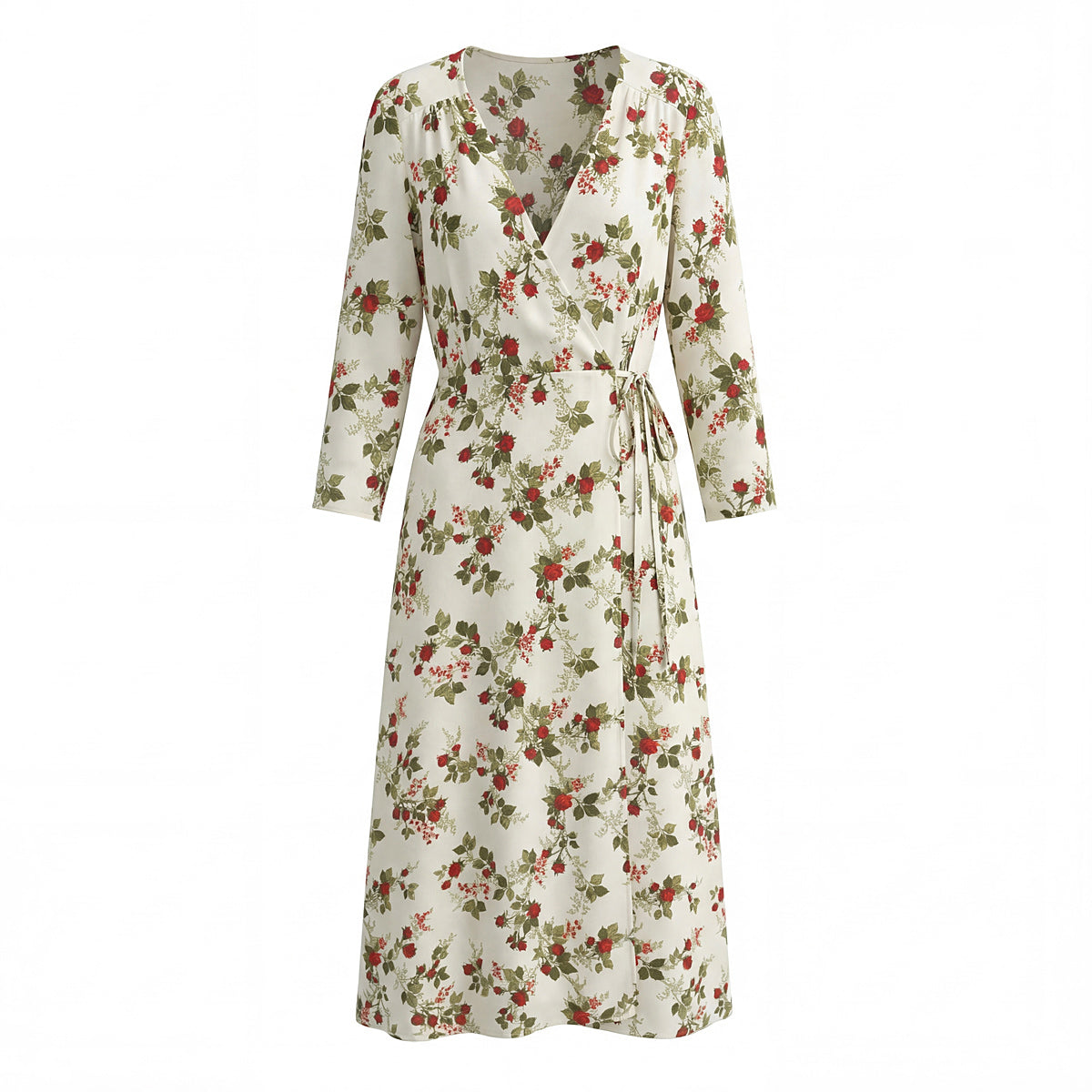 Women Clothing Idyllic Floral Tie Neck Waist Controlled Long Sleeves Stomach Blanket Dress