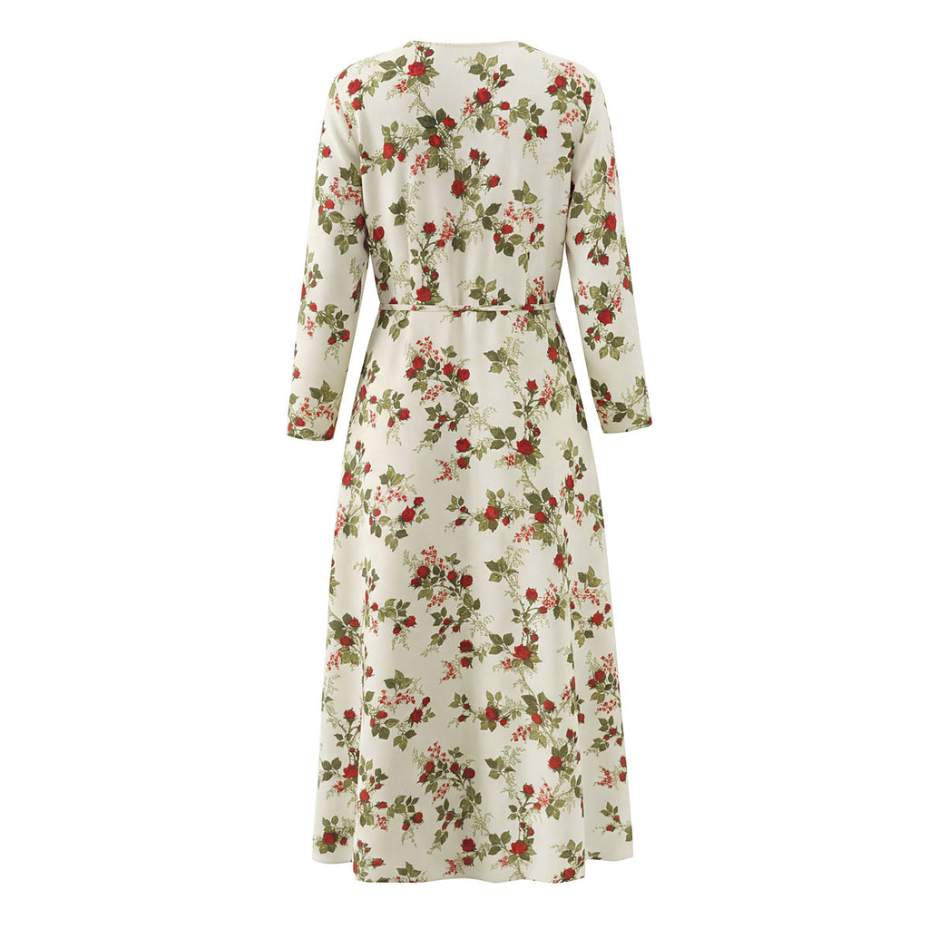Women Clothing Idyllic Floral Tie Neck Waist Controlled Long Sleeves Stomach Blanket Dress