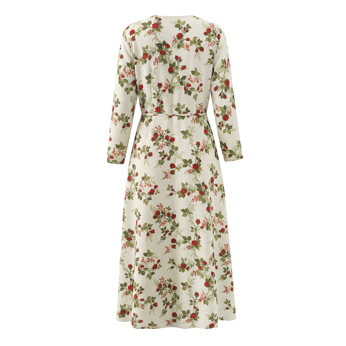 Women Clothing Idyllic Floral Tie Neck Waist Controlled Long Sleeves Stomach Blanket Dress
