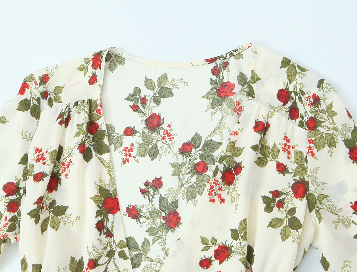 Women Clothing Idyllic Floral Tie Neck Waist Controlled Long Sleeves Stomach Blanket Dress