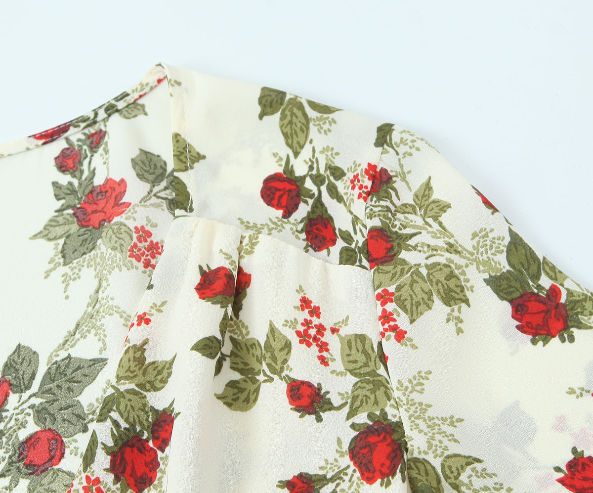 Women Clothing Idyllic Floral Tie Neck Waist Controlled Long Sleeves Stomach Blanket Dress