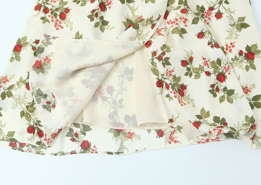 Women Clothing Idyllic Floral Tie Neck Waist Controlled Long Sleeves Stomach Blanket Dress