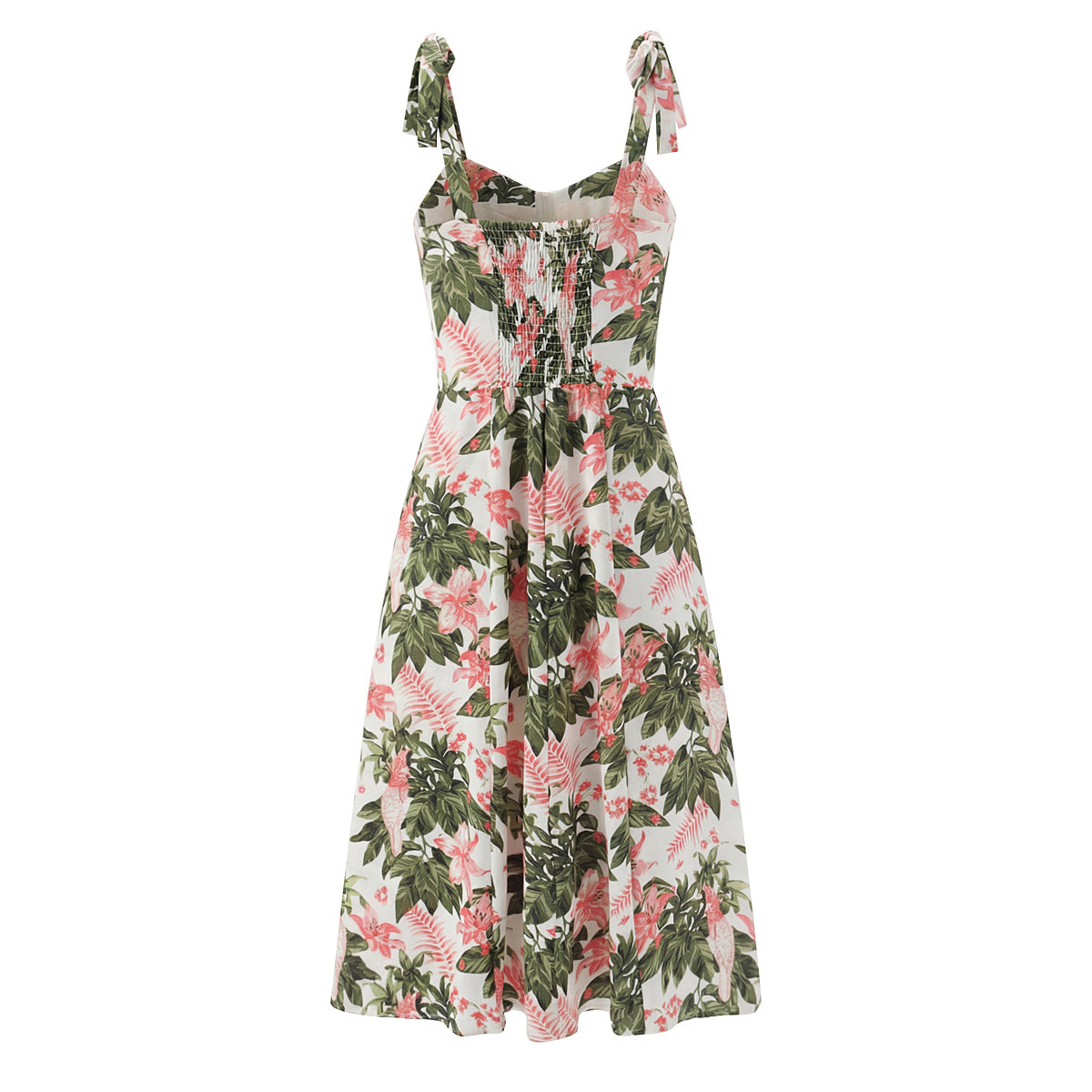French Floral Printed Sexy Slim Fit Slimming Lace up Bow Suspenders Mid Length Dress