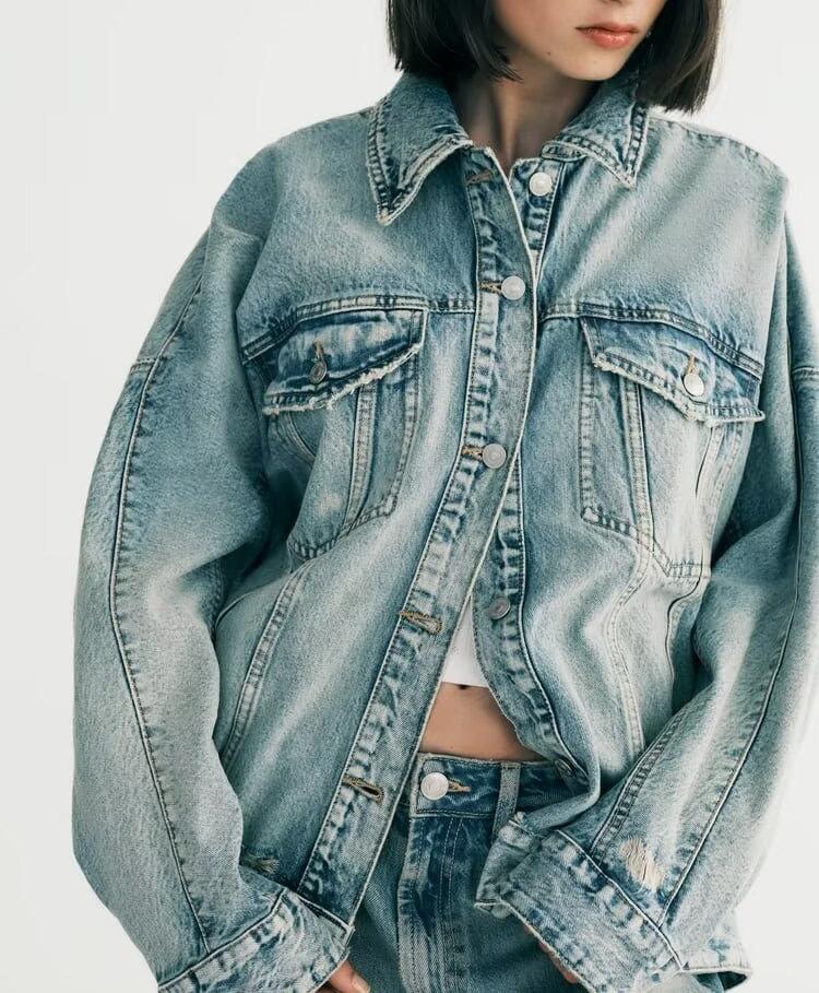 Women Clothing Fashionable Casual Loose Large Board Denim Jacket