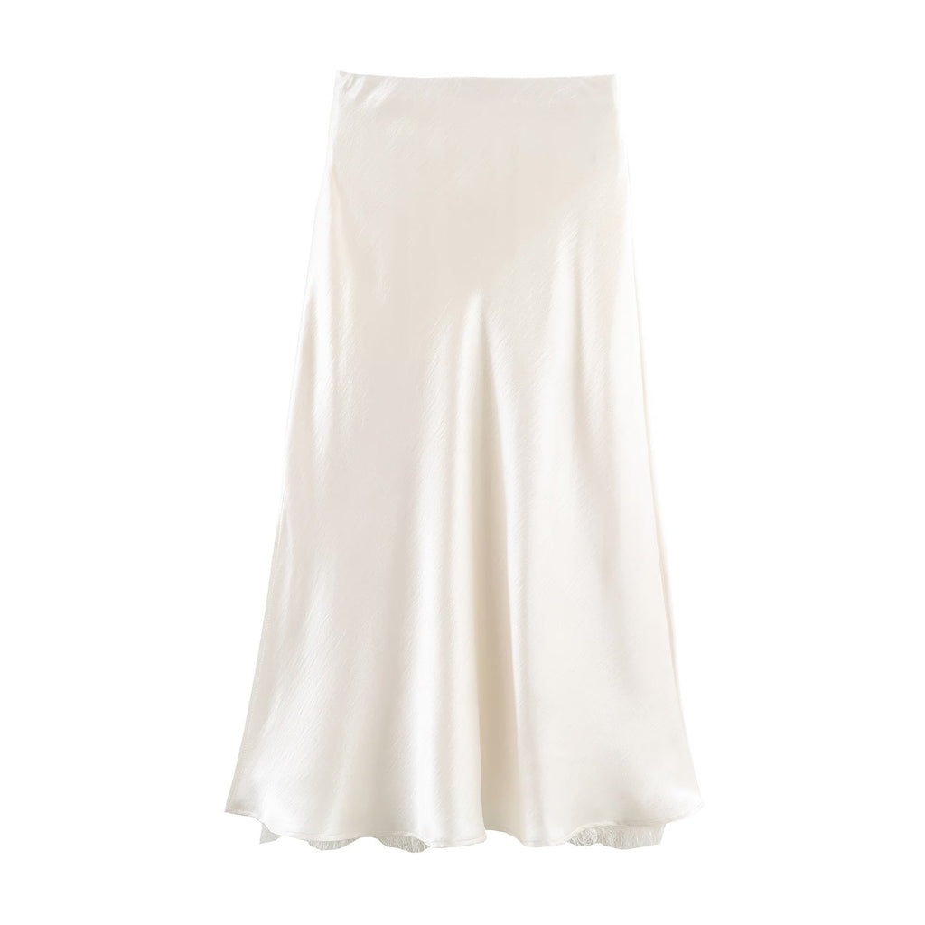 Satin Acetate Lace Patchwork Slit Skirt Long Skirt