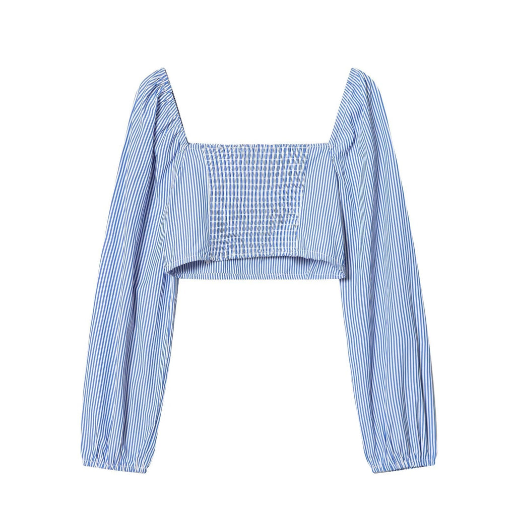 Women Clothing Spring Sexy Design Striped Backless Square Collar Short Shirt Top