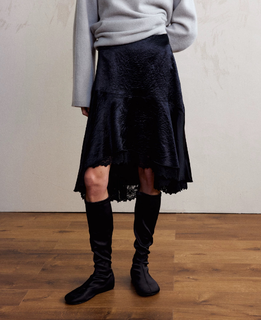 Fashionable Satin Lace Irregular Asymmetric Elegant Stitching Hem Skirt